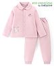 Babyoye Cotton Knit Full Sleeves Shirt Style Night Suit with Bunny & Floral Embroidery - Pink