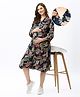 Bella Mama Woven Three Fourth Sleeves Maternity Shirt Dress with Side Pocket Leafy & Floral Print -Navy