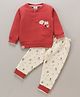 First Smile Fleece Knit Full Sleeves Henley T-Shirt & Lounge Pants Set With Bear Patch Detailing - Red