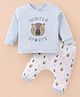 Lazy Bones Interlock Knit Full Sleeves T-Shirt & Lounge Pants Set With Bear Print - Light Blue & White