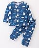 First Smile Sinker Knit Full Sleeves Night Suit with Rabbit Print - Blue