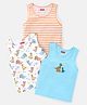 Babyhug 100% Cotton Single Jersey Knit Sleeveless Sandos with Stripes & Dino Print Pack of 3 - White Blue & Orange
