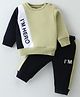 Pepito Fleece Knit Full Sleeves Winter Wear Set With Text Print & Cut & Sew Design - Olive Green & Black