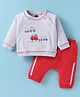 Pepito Fleece Knit Full Raglan Sleeves Winter Wear T-Shirt & Lounge Pant Set With Vehicle Embroidery - Light Grey & Red