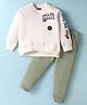 Pepito Fleece Knit Full Sleeves Winter Wear T-Shirt & Lounge Pant Set With Text Print - Off White
