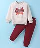 Pepito Fleece Knit Full Sleeves Winter Wear T-Shirt & Lounge Pant Set With Butterfly Print - White & Maroon