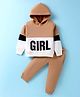 Pepito Fleece Knit Full Sleeves Winter Wear Hooded Sweatshirt & Lounge Pant Set With Text Print - Light Brown & White