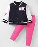 Pepito Fleece Knit Full Sleeves Winter Wear Bomber Jacket & Lounge Pant Set With Text Embroidery - Navy Blue & Pink