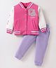 Pepito Fleece Knit Full Sleeves Winter Wear Bomber Jacket & Lounge Pant Set With Text Print - Dark Pink & Purple