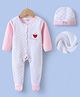 Kookie Kids Full Sleeves Front Open Checkered Romper with Cap Bear & Bunny Embroidery - Pink