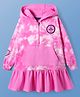 Pine Kids Cotton Knit Full Sleeves Hooded Winter Frock With Text Patch & Kangaroo Pockets - Dark Pink