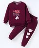Little Darlings Fleece Knit Full Sleeves Winter Wear Suit With Hearts & Text Embroidery - Dark Wine