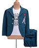 JASH KIDS Cotton Knit Full Sleeves Solid Colour Blazer with Printed T-Shirt  Trouser Set & Broach Detailing - Teal Blue