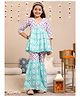 Budding Bees Three Fourth Sleeves Floral Printed & Lace Embellished Coordinating Top Sharara With Scrunchies - Blue
