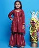 Little Bansi Cotton Three Fourth Sleeves Silver Foil Striped & Ghungroo Embellished Kurta With Coordinating Jacket & Sharara With Dupatta - Maroon