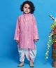 Little Bansi Cotton Full Sleeves Foil Striped Embellished Kurta With Pearl Buttons & Coordinating Dhoti - Pink