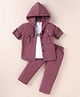 JASH KIDS Cotton Knit Full Sleeves Textured Hooded Shirt & Trouser Set with Text Printed T-Shirt - Rose Gold