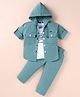 JASH KIDS Cotton Knit Full Sleeves Textured Hooded Shirt & Trouser Set with Text Printed T-Shirt - Sea  Green