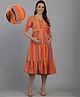 Moms Maternity Organic Khadi Cotton Half Sleeves Striped Maternity Midi Dress With Concealed Zipper Nursing Access - Orange