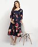Moms Maternity Three Fourth Sleeves Floral Printed Maternity Dress With Concealed Zipper Nursing Access - Navy Blue