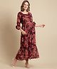 Moms Maternity Three Fourth Sleeves Floral Printed Maternity Dress With Concealed Zipper Nursing Access - Purple
