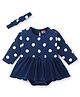 Babyhug 100 % Cotton Knit Full Sleeves Frock Style Onesie With Hairband Polka Dot Print-Navy Blue