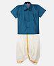 THANGAMAGAN Half Sleeves Solid Shirt & Dhoti Set - Teal Blue
