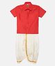 THANGAMAGAN Half Sleeves Solid Shirt & Dhoti Set - Orange Red