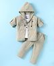 JASH KIDS Cotton Woven Full Sleeves Solid Hooded Shirt & Trouser Set With Half Sleeves T-Shirt - Olive Green