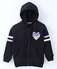 Doreme Terry Knit Full Sleeves Front Open Hooded Sweat Jacket With Text Print & Kangaroo Pockets - Black