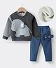 Kookie Kids Full Sleeves Winter Wear Suit with  Elephant Print & Applique - Dark Grey & Navy Blue