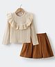 Kookie Kids Full Sleeves Solid Colour Top with Frill Detailing & Skirt - Light Brown