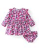 Doodle Poodle Cotton Knit Full Sleeves Floral Printed Frock With Frill Detail & Bloomer - White & Pink