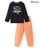 Honeyhap Premium 100% Cotton Knit Full Sleeves Night Suit With Bio Finish Dinosaur Print - Black Beauty &  Salmon Orange