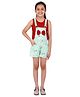 Kids Cave Sleeveless Floral Printed & Bow Applique Detailed Dungaree With Solid Tee - Light Green & Red