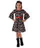 Kids Cave Three Fourth Bell Sleeves Abstract Printed Dress WIth Attached Floral Belt - Black