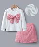 Kookie Kids Full Sleeves Top & Skirt Set With Bow Applique - White & Pink