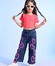 Ollington St. Cotton Rib Half Sleeves Crop Top & Denim Loose Pants With Hearts Print -Neon Pink & Indigo