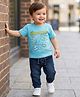 Babyoye Single Jersey Knit Half Sleeves T-Shirt & Jeans Set With Dino In Space Print - Light Blue