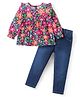 Babyhug Cotton Knit Full Sleeves Frill Detailed Top & Denim Pants Set With Floral Print - Multicolor