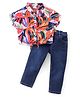 Babyhug Rayon Woven Half Sleeves Tropical Printed Top & Denim Jeans Set - Multicolor