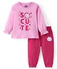 Doodle Poodle Cotton Knit Full Sleeves T-Shirt & Lounge Pants Set With Kitten Print - Pink