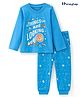 Honeyhap Premium 100% Cotton Knit Full Sleeves Night Suit With Bio Finish Space & Text Print - Malibu Blue