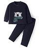 Kanvin Fleece Woven Full Sleeves Winter Wear T-Shirt & Lounge Pant Set With Polar Bear Patch - Black