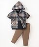 Robo Fry Cotton Woven Half Sleeves Hooded Checks Shirt & Trouser With Printed Inner Tee - Grey & Tan