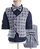Robo Fry Woven Full Sleeves Checks 3 Piece Party Suit With Bow - Navy Blue & Gray