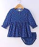Simply Premium Cotton Knit Full Sleeves Floral Printed Front Open Frock with Bloomer - Navy