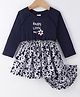 Simply Premium  Cotton Knit Raglan Sleeves  Frock with Frill Detailing & Floral Embroidery -Navy Blue