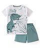 BLUSHES Cotton Knit Half Sleeves Dinosaur Printed Coordinating Night Suit - White & Olive Green