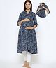 CRAFIQA Three Fourth Sleeves Floral Printed Maternity Kurta With Concealed Zipper Nursing Access - Indigo